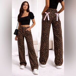 Y2K Leopard Wide Leg Jeans Pink Bow Detail NWT Bratz Aesthetic Size 7 and 11
